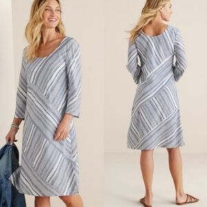 Soft Surroundings Sonya Linen Blend Midi Dress Blue & White Striped Size Large